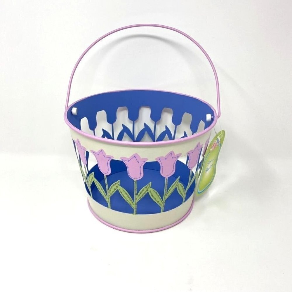 Target Metal Easter Basket Pail Purple Tulips Flowers